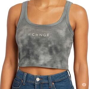 CHNGE Marble Tie Dye Cropped Ribbed Tank Top Logo Scoop Neck Gray Small
